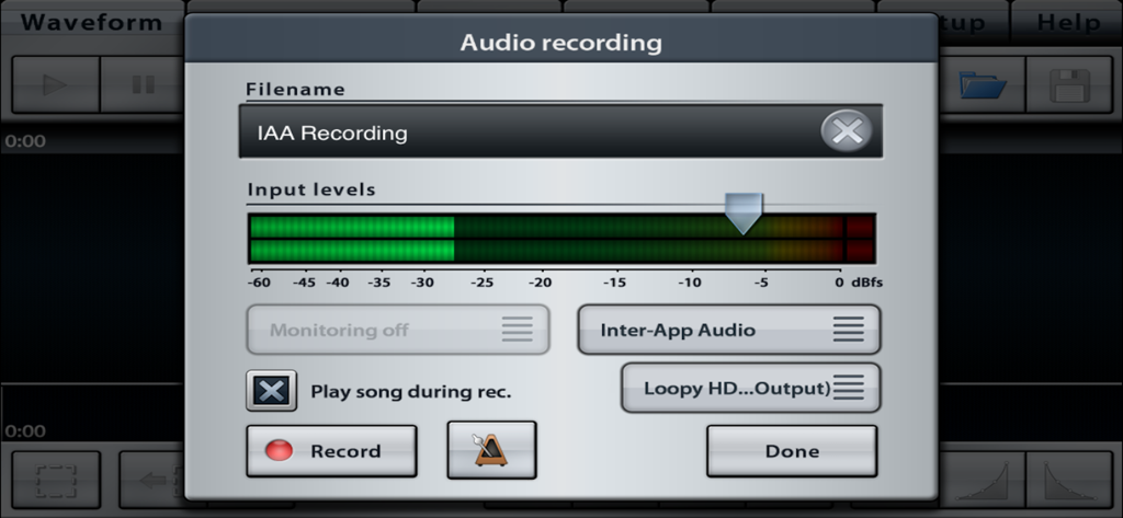 The audio recording interface in Music Studio showing input levels and inter-app audio settings