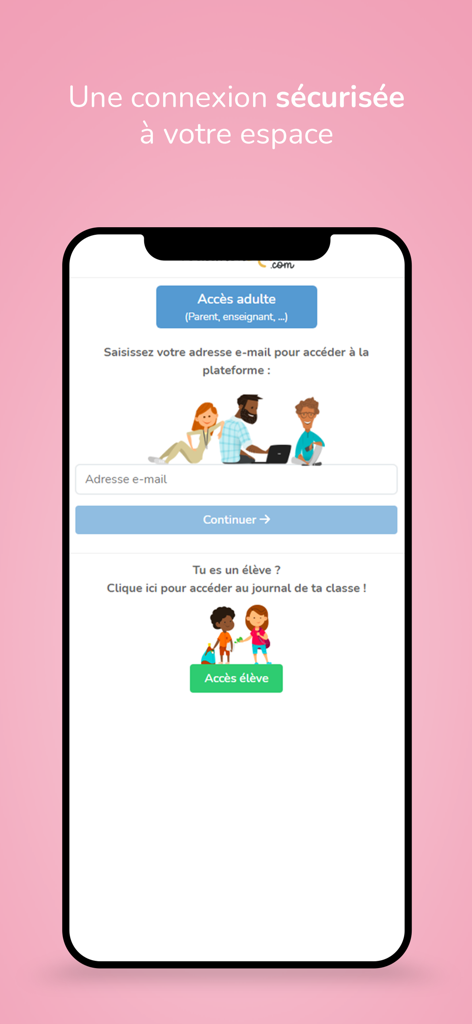 Écran de connexion sécurisé pour l'application TouteMonAnnée avec des portails d'accès dédiés pour les parents, les enseignants et les élèves.