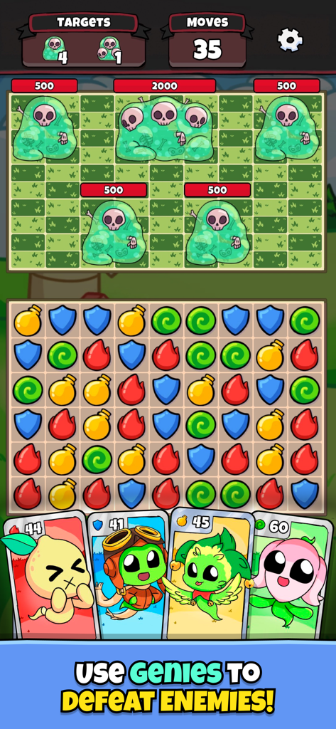Christophers Genie - Christophers Genie match-3 gameplay showing battle against skull enemies with genie character cards.