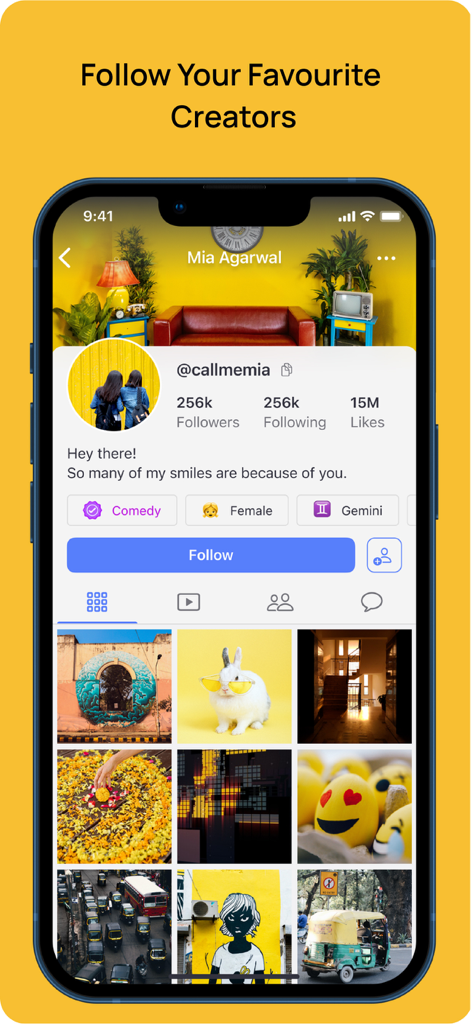 ShareChat mobile app screenshot showing a creator profile page with a follow button and content grid