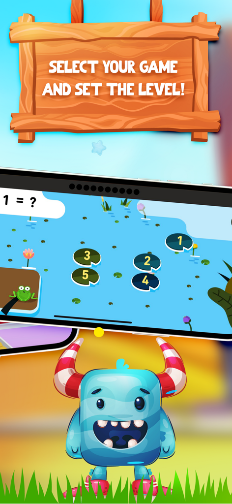 Adapted math - Fun mind games - Mobile app screen for Adapted Math showing level selection and a customizable blue monster