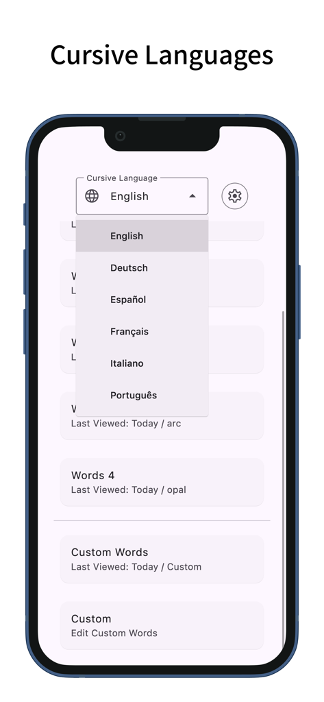 Schermata dello smartphone che mostra il menu di selezione della lingua nell'app Cursive Learn Cursive.
