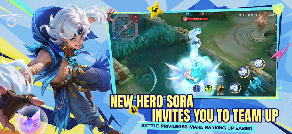 Promotional banner for Mobile Legends Bang Bang US featuring the new hero Sora and a 5v5 MOBA gameplay preview.
