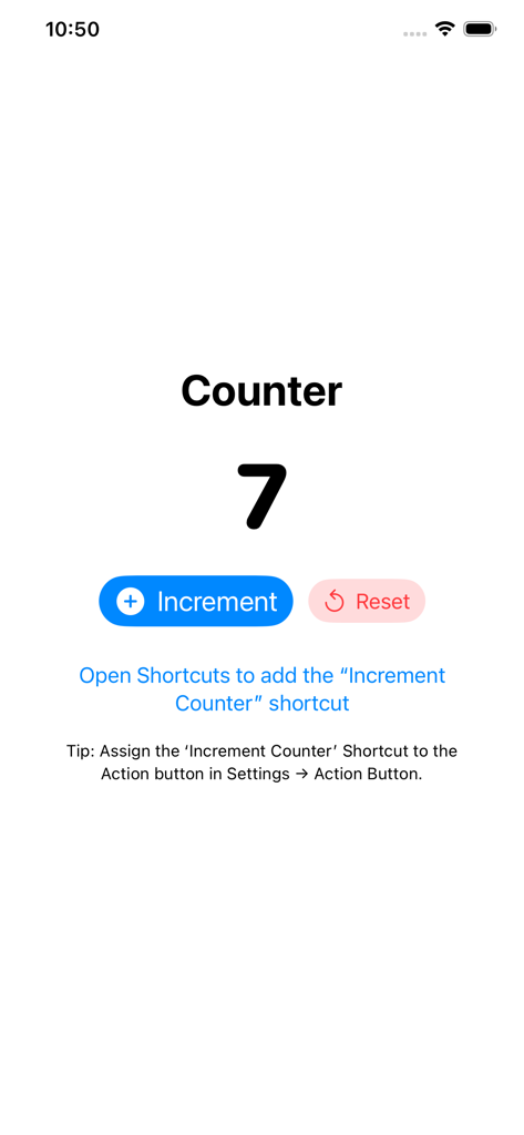 Action Counter – Tap and Track - Minimalist iPhone tally counter app interface featuring a large digit display with increment and reset buttons