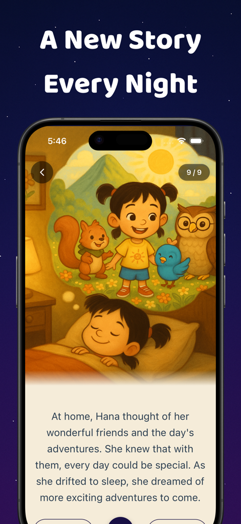 Story Hero: AI Reading App - A child dreaming of animal friends in the Story Hero AI reading app during a peaceful bedtime routine