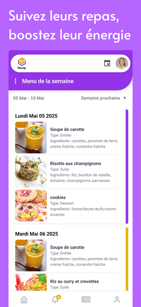 Educap - Weekly school meal menu displayed on the Educap mobile app interface.
