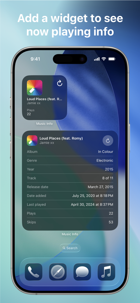 재생 횟수 및 출시 날짜와 같은 상세한 노래 메타데이터가 포함된 음악 정보 위젯을 표시하는 iPhone 홈 화면