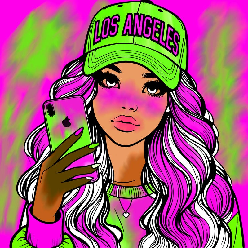 realistic beautiful girl wearing los ángeles cap holding an iphone