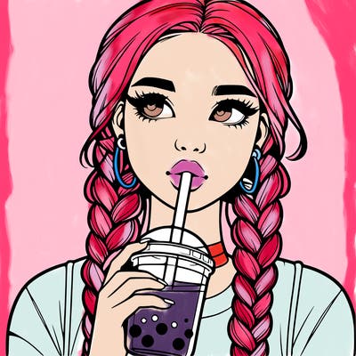 realistic girl with braided hair drinking boba