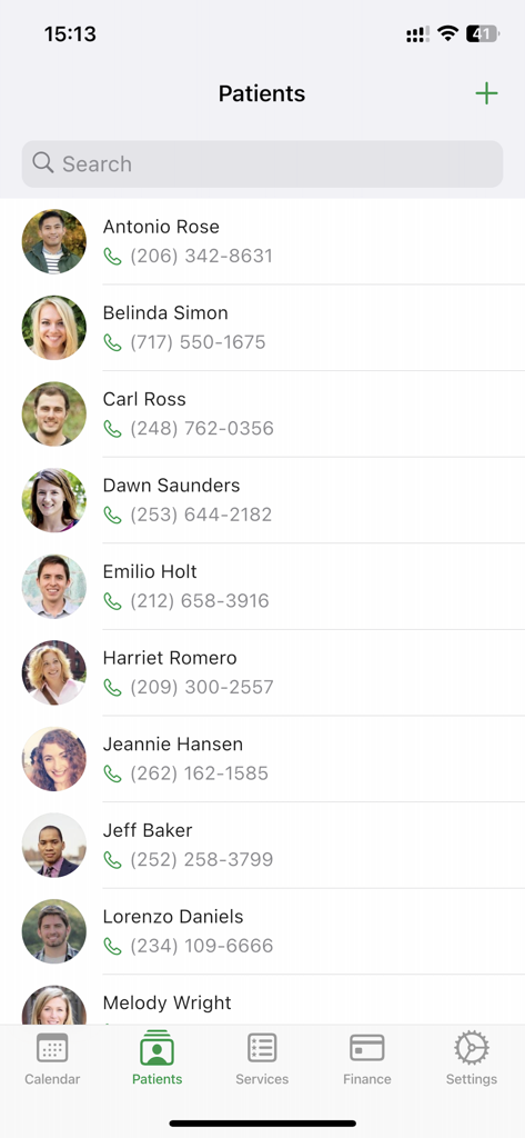 Dentist Book - Dentist Book app interface showing a list of patient records with photos and contact details