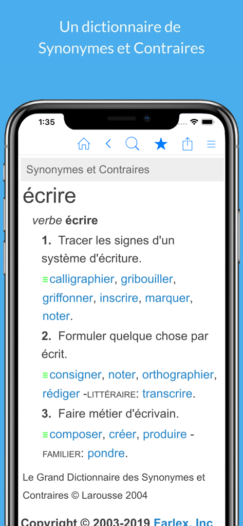 Dictionnaire Français. - Screenshot of the Dictionnaire Francais app showing synonyms and definitions for the verb ecrire