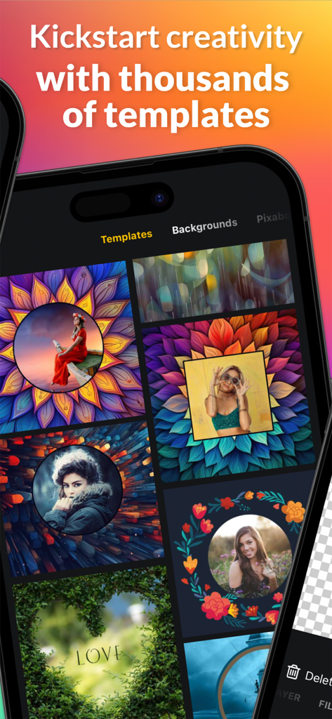 A mobile app interface showcasing a variety of artistic photo design templates and colorful backgrounds.