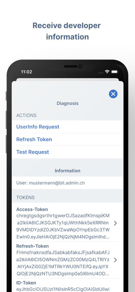 eIAM Developer - Diagnosis screen in the eIAM Developer app displaying OIDC access tokens and technical developer information