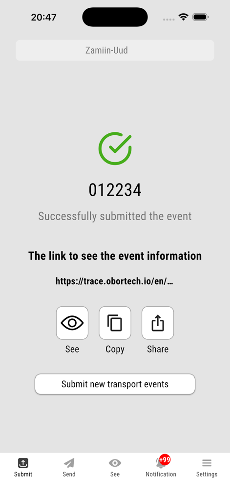 Bestätigungsbildschirm, der die erfolgreiche Einreichung eines Transportereignisses in der Obortech Smart Hub App zeigt.