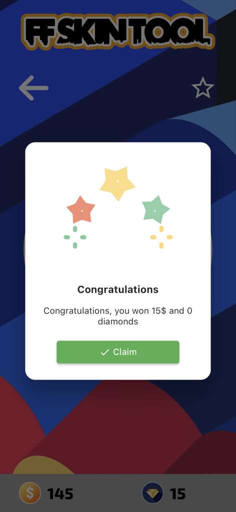 Popup de felicitaciones en la aplicación FFF FF Skin Tool con un botón de reclamar para recompensas.