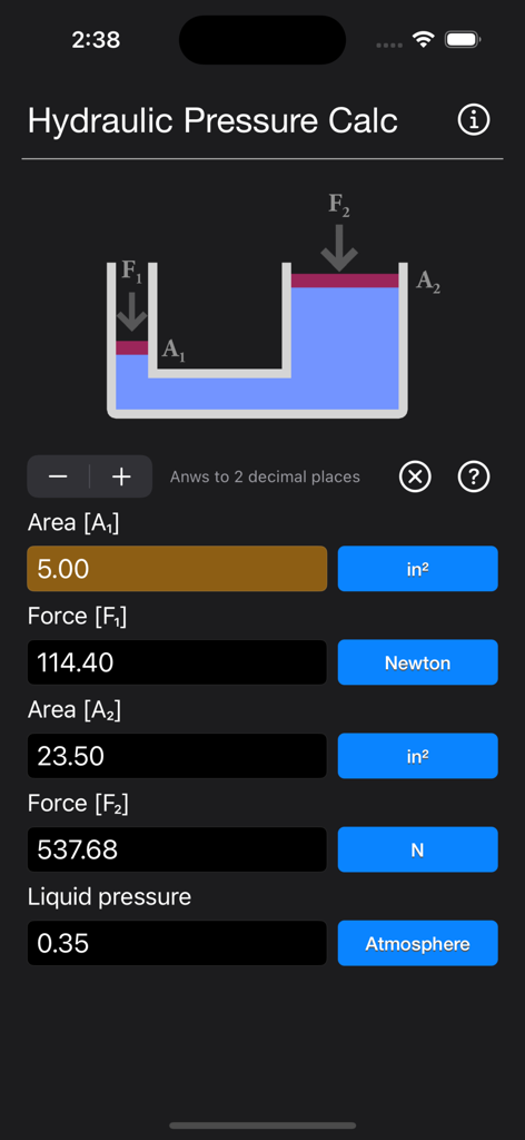 Hydraulic Pressure Calculator - Interface of the Hydraulic Pressure Calculator app with Pascal's Law diagram and calculation fields