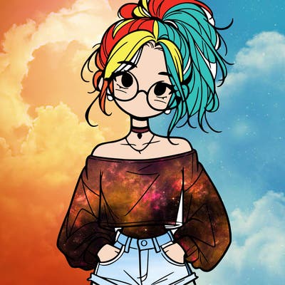 girl with a messy ponytail glasses a baggy crop top and jean shorts