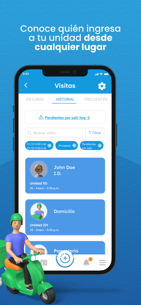 Munily app visitor log screen showing the history of guests and delivery personnel entering a residential unit