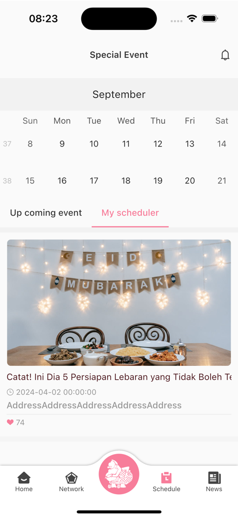 A mobile screen showing the My Semar Nusantara special event calendar and scheduler interface with an Eid Mubarak themed post