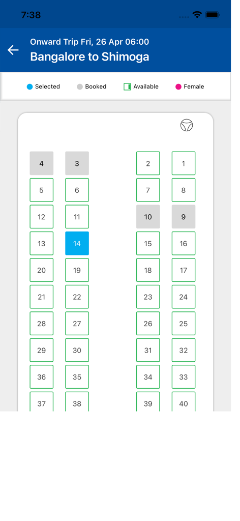 KSRTC AWATAR - KSRTC AWATAR app bus seat layout and selection screen for a trip from Bangalore to Shimoga