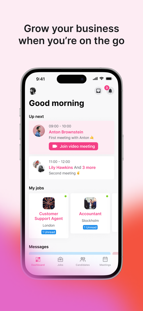 Teamtailor - Teamtailor mobile app dashboard displaying upcoming meetings and job listings for recruiters