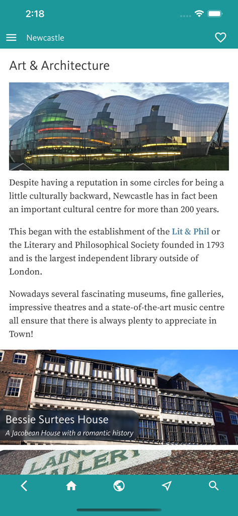 Screenshot des Abschnitts Kunst und Architektur in der Newcastle's Best Reiseführer-App, der lokale Wahrzeichen wie das Sage Gateshead und das Bessie Surtees House zeigt.