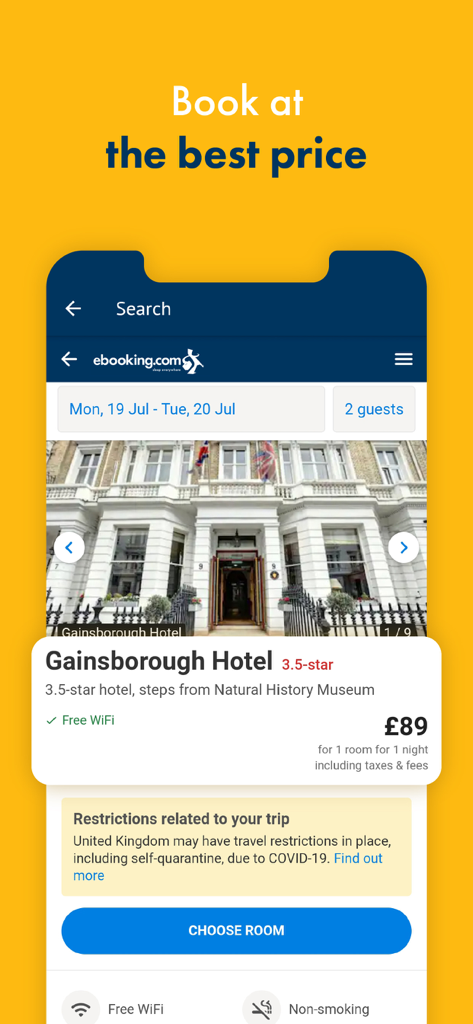 App eBooking che mostra un elenco di hotel a Londra a 3,5 stelle con un pulsante per scegliere la camera e dettagli sui prezzi.