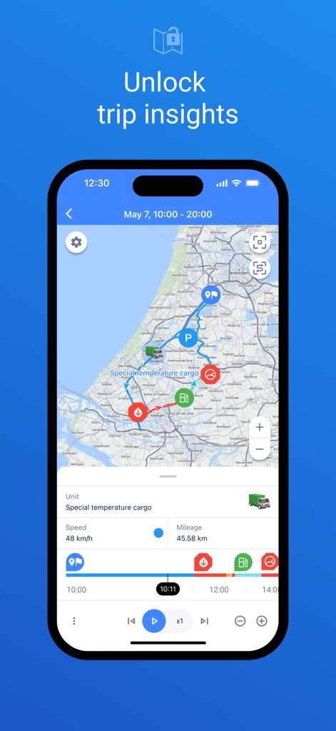 Wialon app map interface showing trip insights and route history for a tracked vehicle