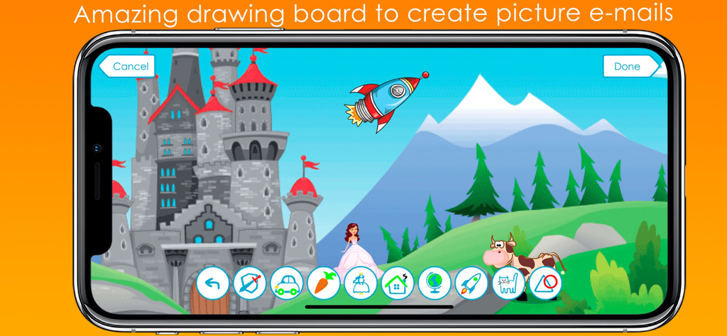Tocomail - Email for Kids - Tocomail, interface de tableau à dessin pour enfants avec château et timbres pour les e-mails illustrés.