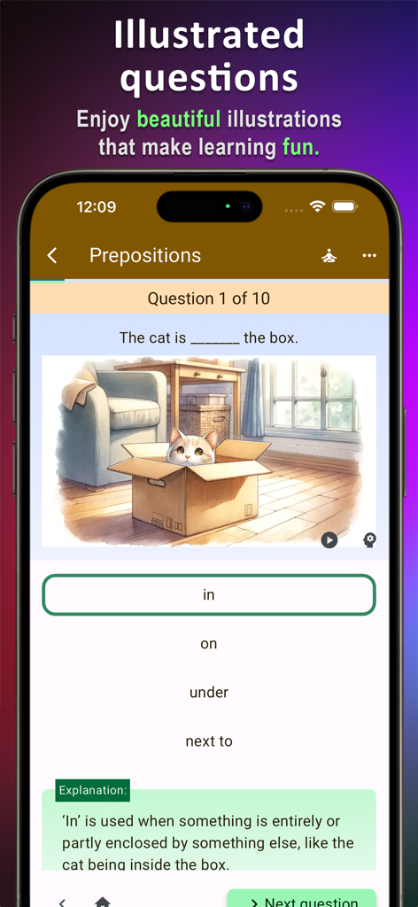 English Grammar Expert AI - English grammar learning app interface showing an illustrated question on prepositions with a cat in a box and a detailed explanation.
