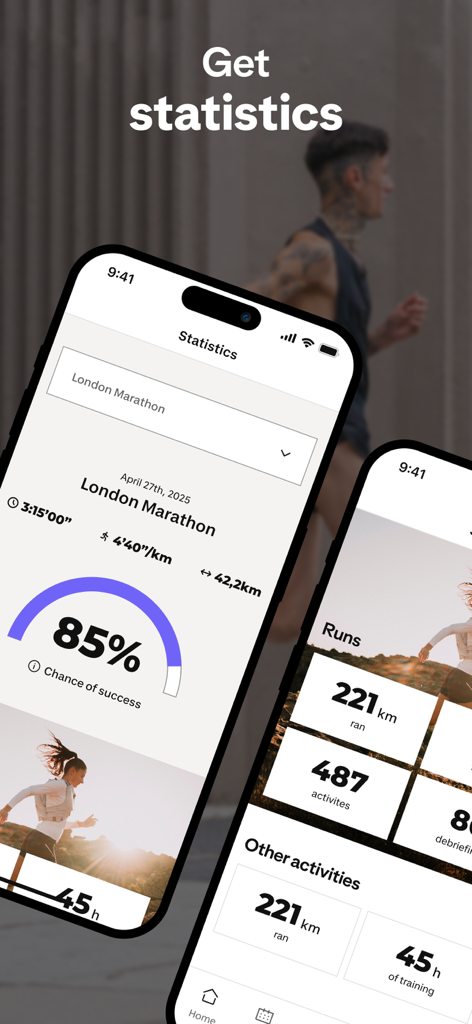 Kiprun Pacer Running - Kiprun Pacer app interface showing marathon training statistics and success probability