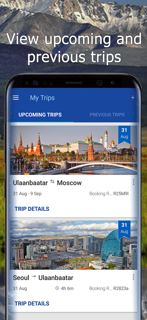 MIATモンゴル航空アプリの画面。ウランバートル、モスクワ、ソウルへの今後のフライト旅程を表示。