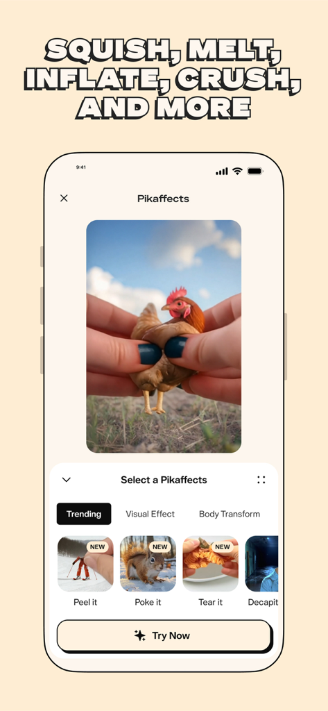 Pikaffects by Pika - Pikaffects 앱 인터페이스에서 AI 효과를 사용하여 닭을 찌그러뜨리는 손을 보여줍니다.