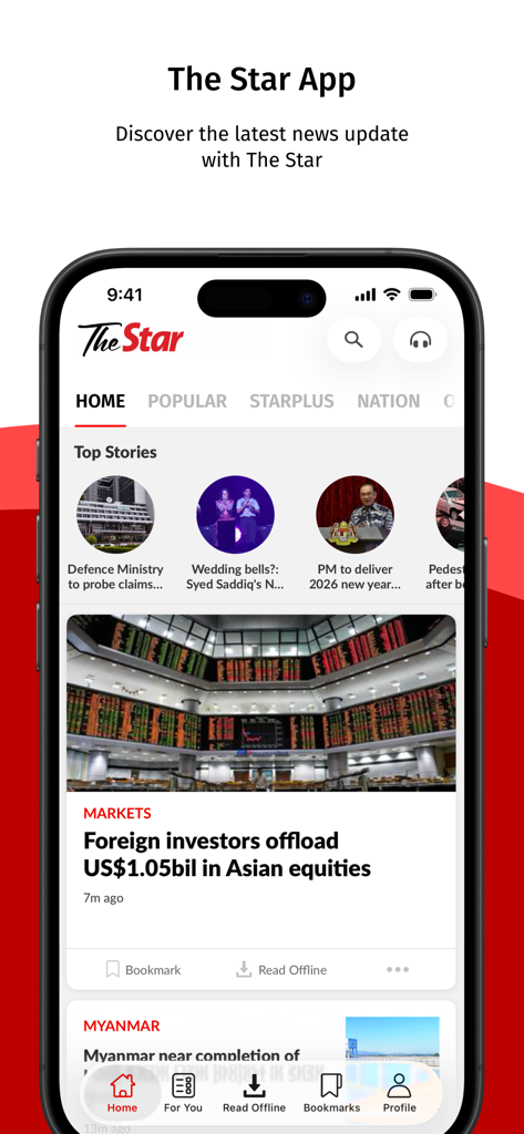 The Star Malaysia - The Star Malaysia news app home screen displaying top stories and a market update headline on a mobile device.