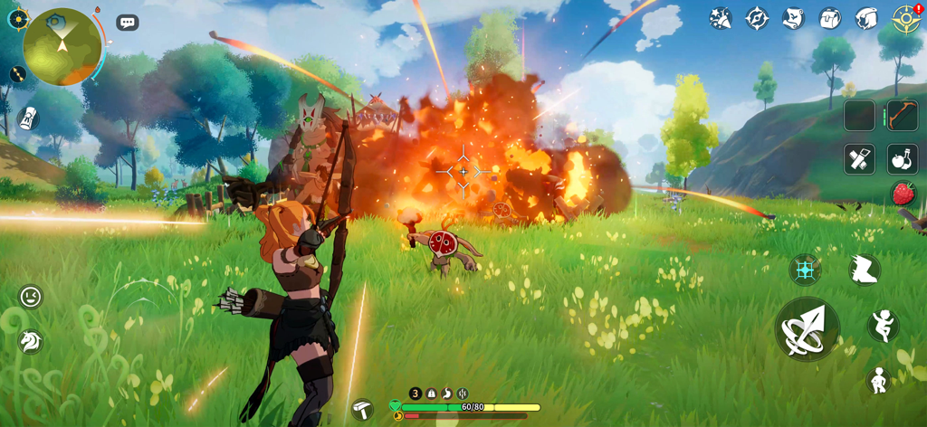 Dawnlands - A female character using a bow during a battle with explosions in the Dawnlands open world game.