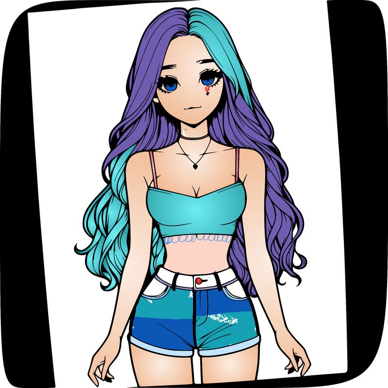 a realistic girl with long hair and in a crop top and shprts