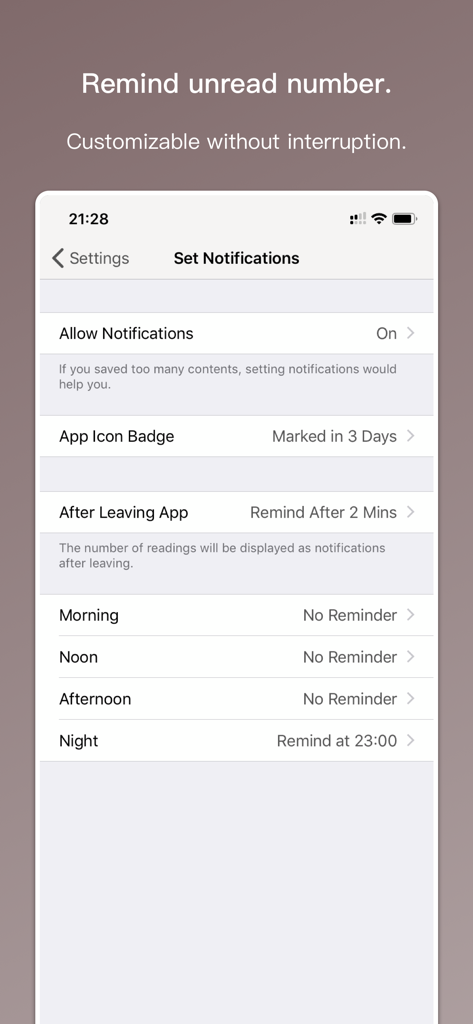 Marklist - Manage Later Things - Marklist app notification settings screen showing customizable reminder options for unread items