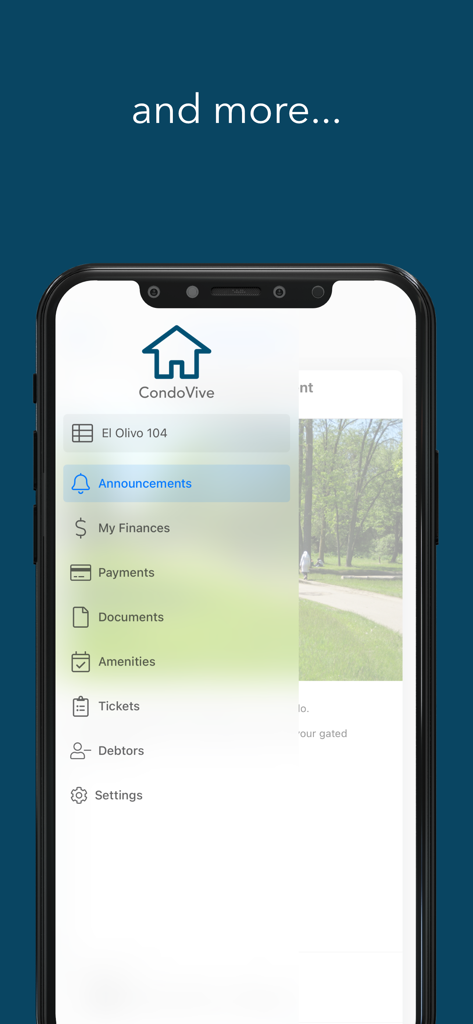 CondoVive - CondoVive mobile app sidebar menu with management options like finances payments and amenities