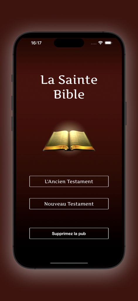 Home screen of La Sainte Bible French app featuring options for the Old Testament and New Testament