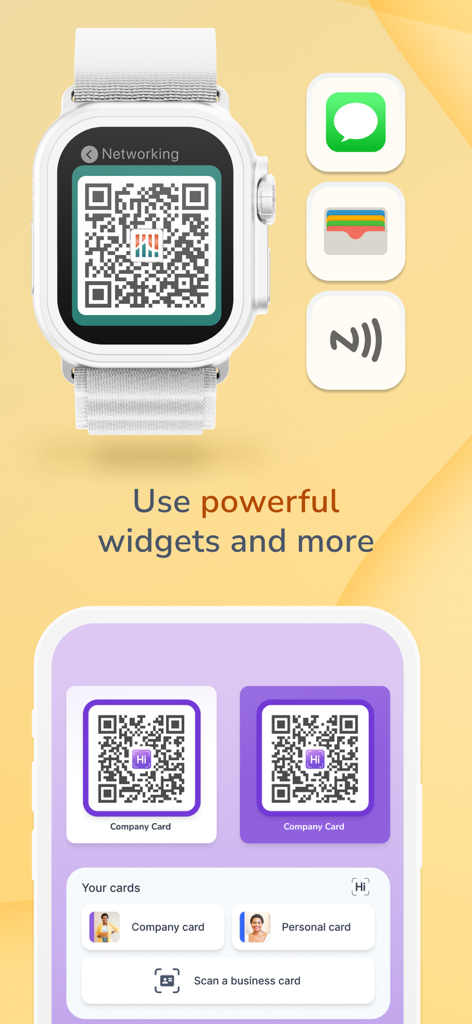Interface de l'application HiHello montrant des codes QR de cartes de visite numériques sur une Apple Watch et des widgets de smartphone.