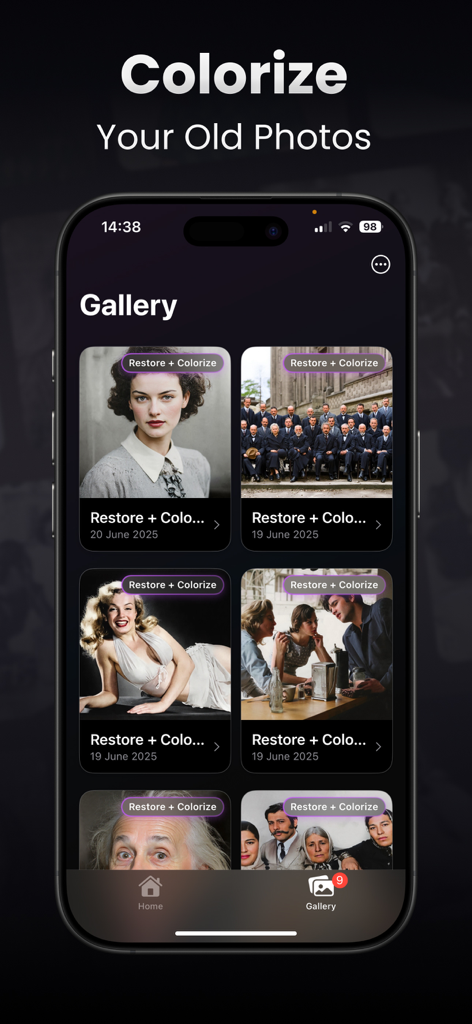 AI Photo Fix Restore: Restorix - iPhone screen showing the Restorix app gallery with several colorized and restored historical photos