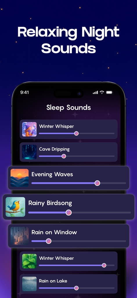 White Noise Sounds For Sleep - 個々のボリュームスライダーでアンビエントサウンドのリストを示す、ホワイトノイズ・スリープ・サウンドのモバイルアプリインターフェース。