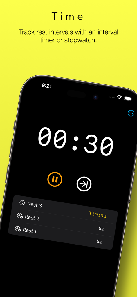 Lift Assist – Training Log - Capture d'écran de l'application Lift Assist montrant le minuteur de repos d'entraînement avec un compte à rebours et une liste des intervalles de repos précédents.