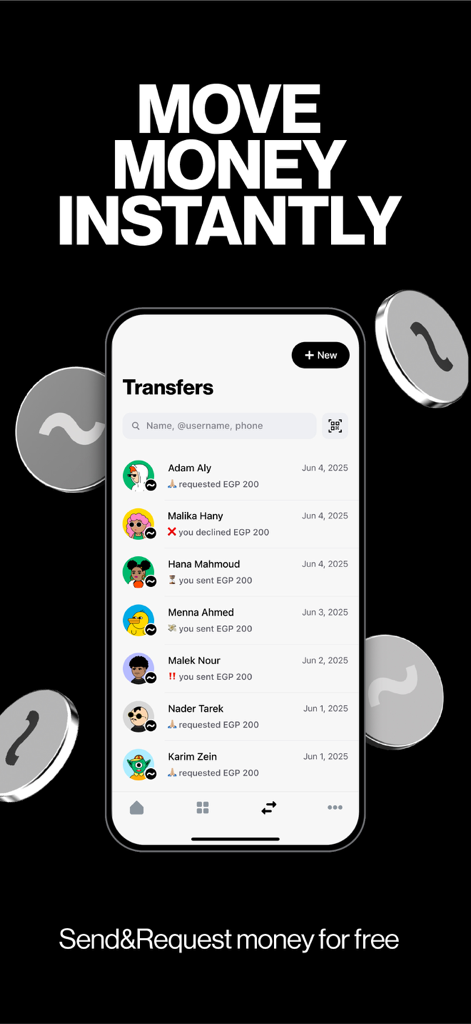 Telda - Oberfläche der Telda-App, die eine Historie von Peer-to-Peer-Geldtransfers und Anfragen zeigt