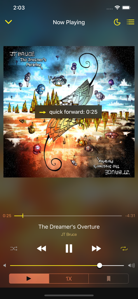 SpeedUp Player Pro + - SpeedUp Player Pro Now Playing screen with quick forward notification