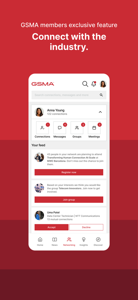 The GSMA app networking interface featuring member connections and industry event feed.