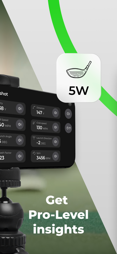 GolfTrak: Phone Launch Monitor - GolfTrak app on a tripod showing real-time shot data including distance, club speed, and spin