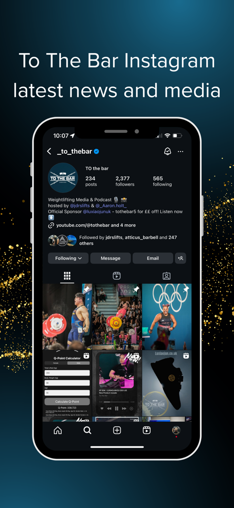 Q-Points Calculator - Smartphone screen showing the To The Bar Instagram profile with weightlifting news and media