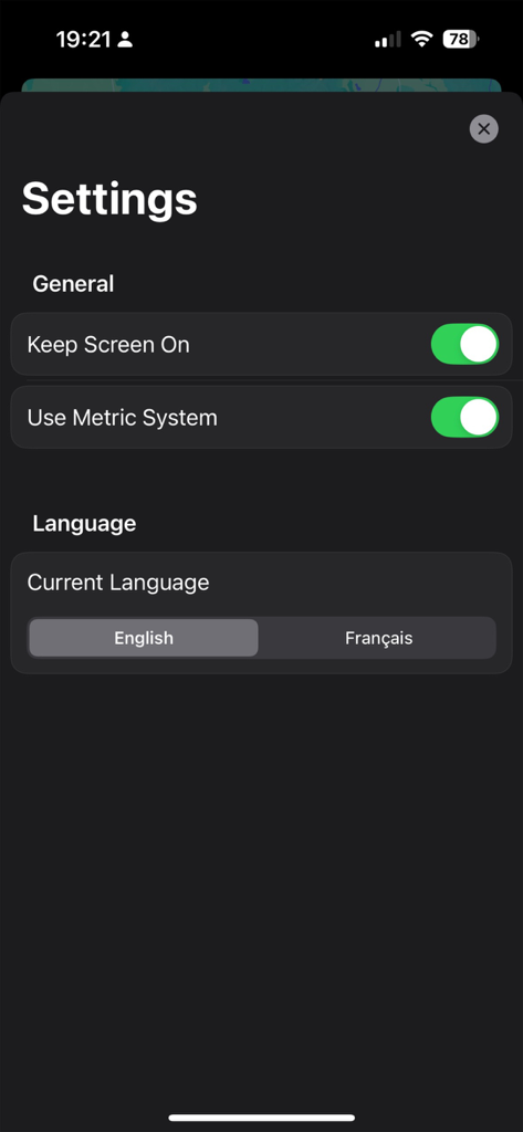 GPS Trace - Track & Record - Settings screen of GPS Trace app showing metric system and language options.