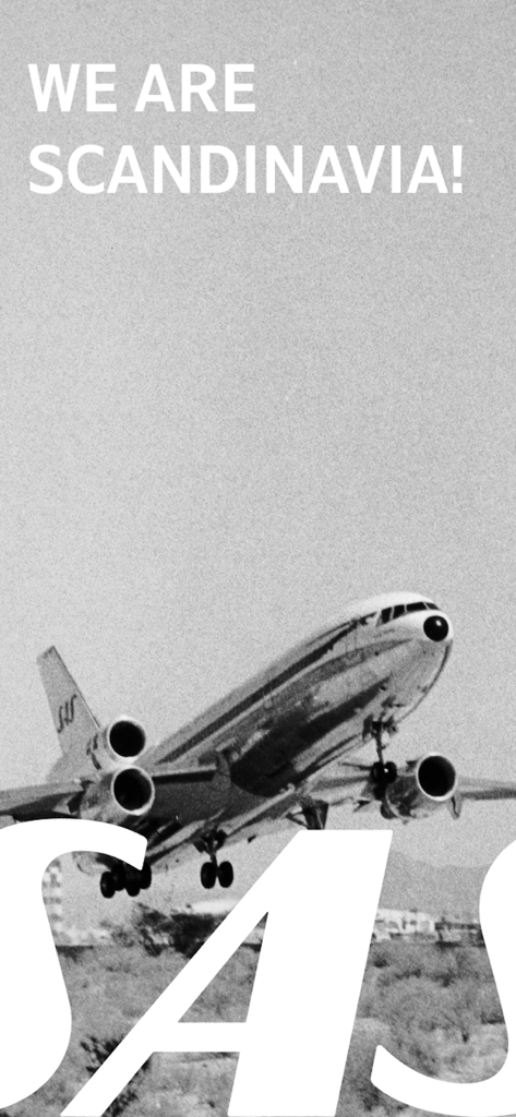 Fotografía vintage en blanco y negro de un avión de SAS despegando con el lema Somos Escandinavia